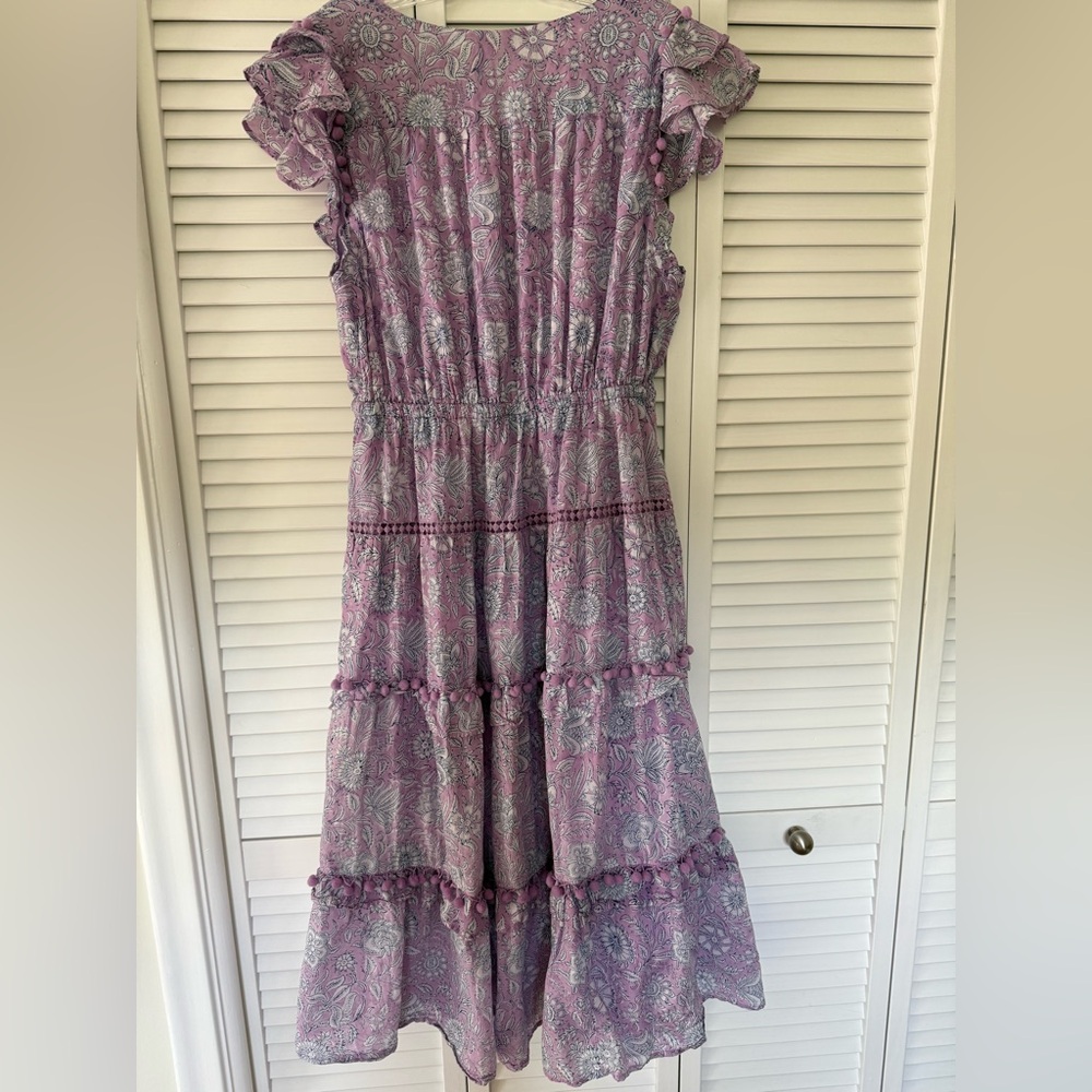 100% cotton Shade Amour Lavender Floral Tiered Midi Dress Boho Flutter Sleeve M - Picture 7 of 7